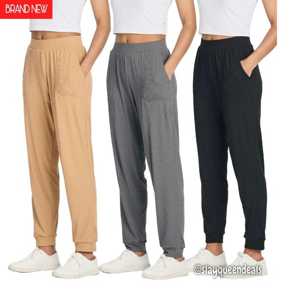 3 Pack Ribbed Lounge Joggers with Pockets - High Waisted Sweatpants